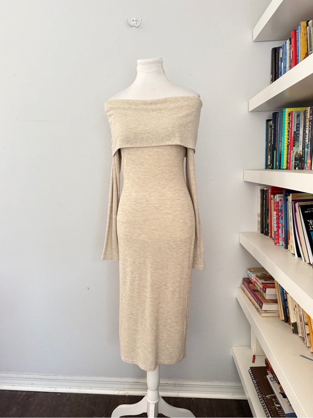 COA Off-Shoulder Knit Midi Dress in Beige Medium